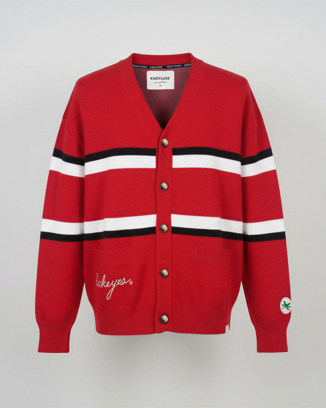 red long sleeve cardigan with ohio state buckeyes embroidery styled for tailgates, playoffs, campus, and game days.