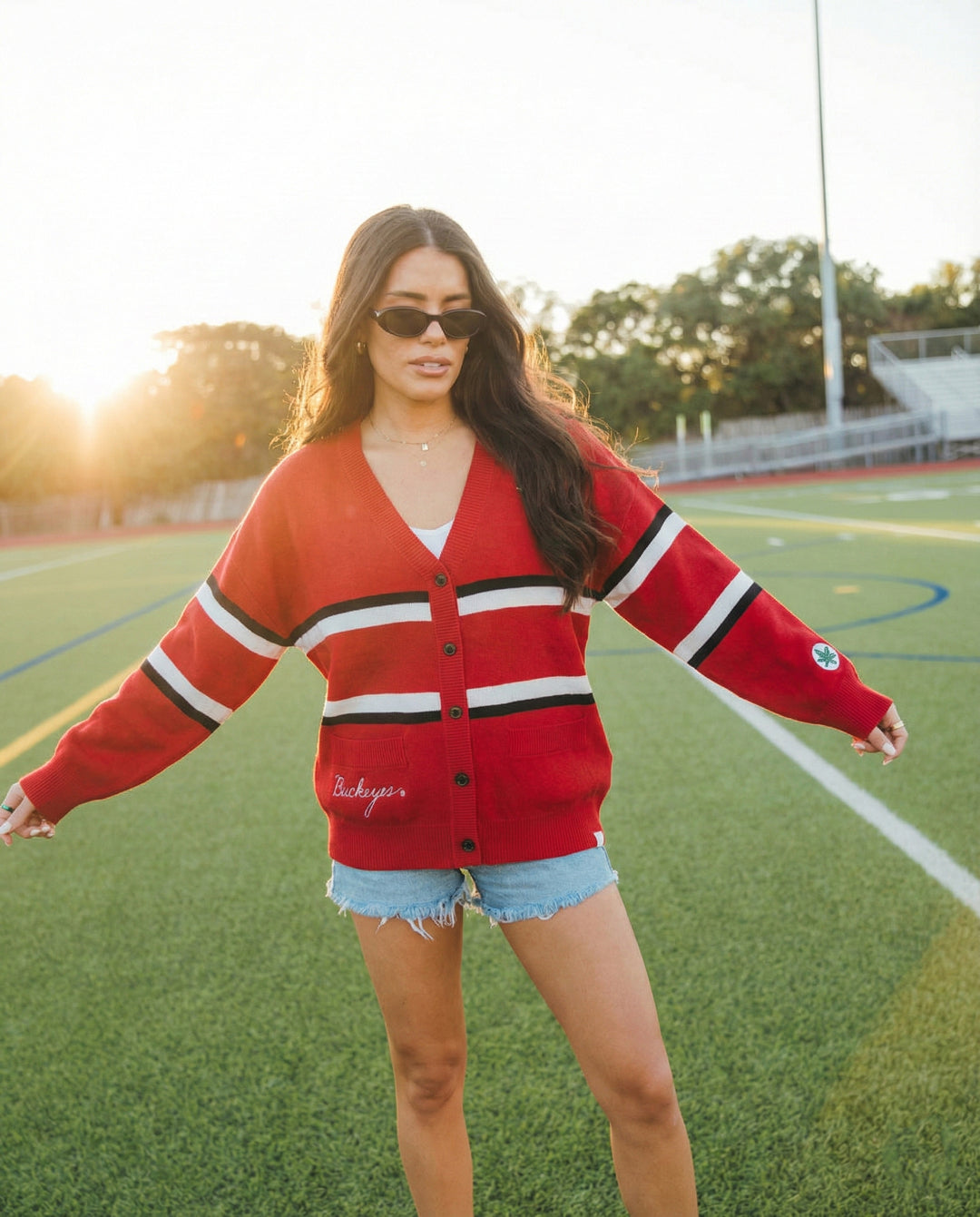 red long sleeve cardigan with ohio state buckeyes embroidery styled for tailgates, playoffs, campus, and game days.