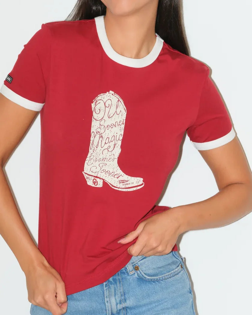 Crimson and white Oklahoma Sooners ringer tee featuring a bold red cowboy boot graphic on the chest.
