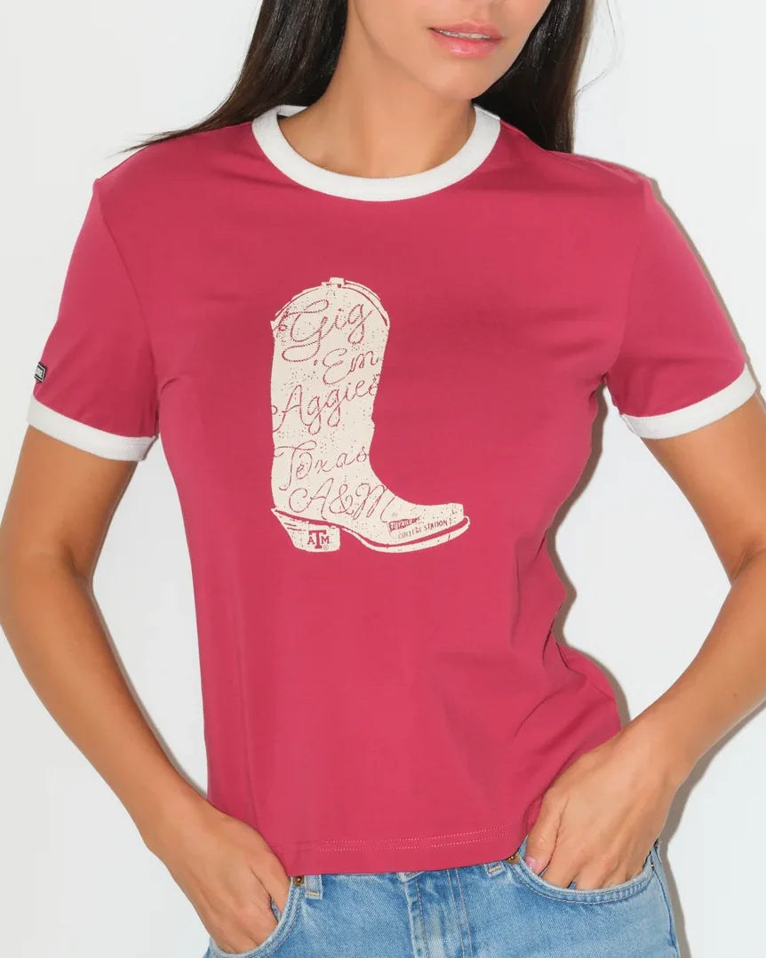 Maroon Texas A&M Aggies Western Ringer Tee with white contrast trim at the collar and sleeves, shown in a fitted silhouette from the back.