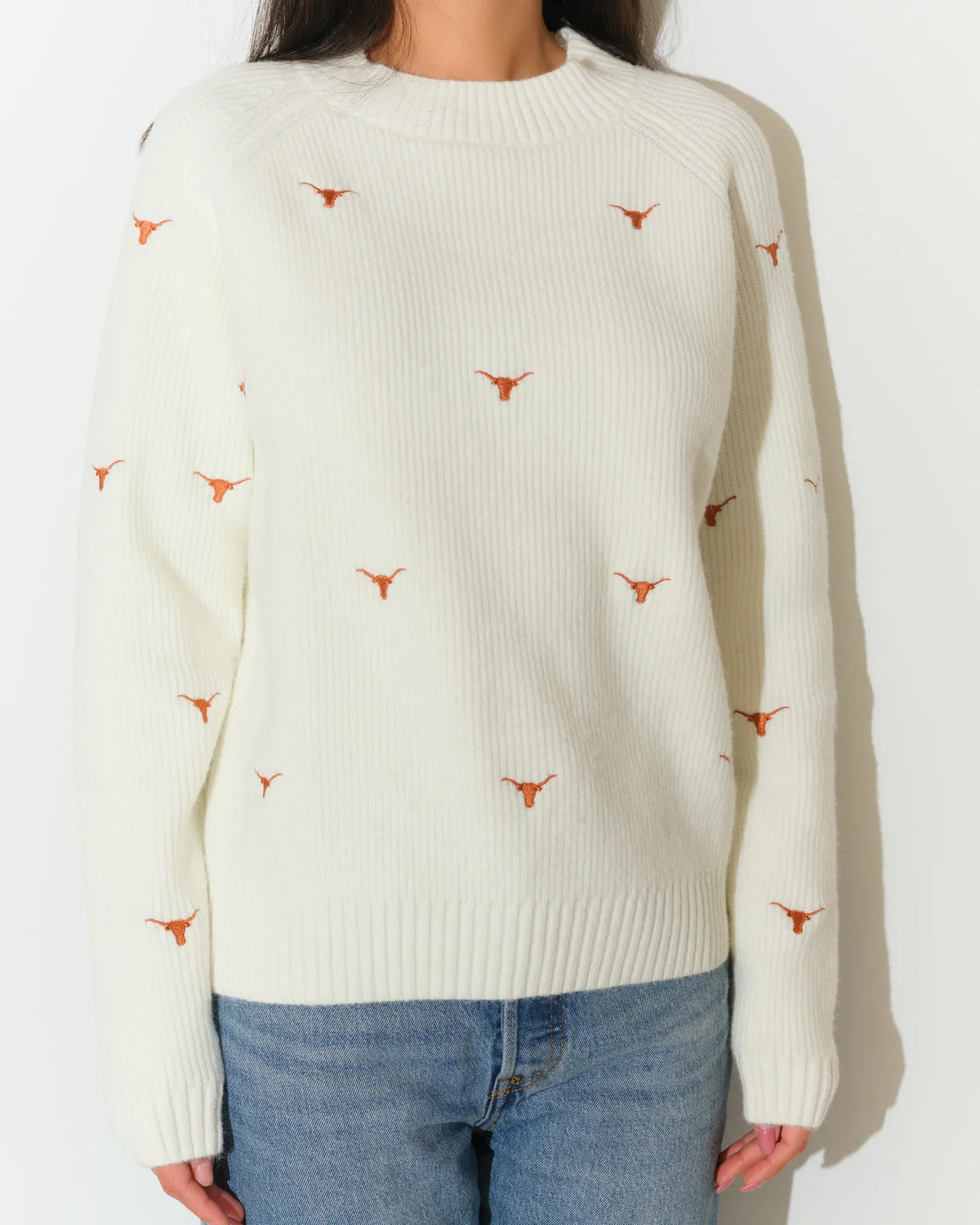 Ivory Texas Longhorns fisherman sweater featuring embroidered Longhorn logos, shown with a relaxed crew neck and ribbed cuffs.