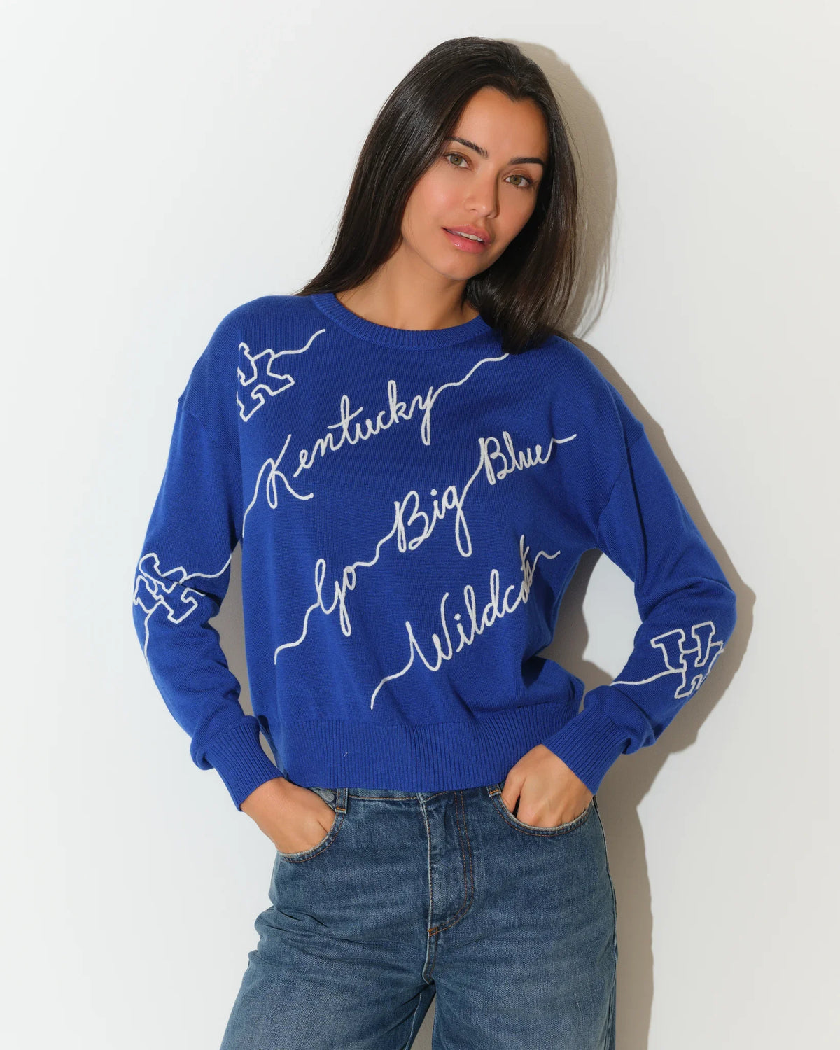 Royal blue University of Kentucky Love Letter Sweater with white cursive "Kentucky Go Big Blue Wildcats" script and wildcat graphics on sleeves.