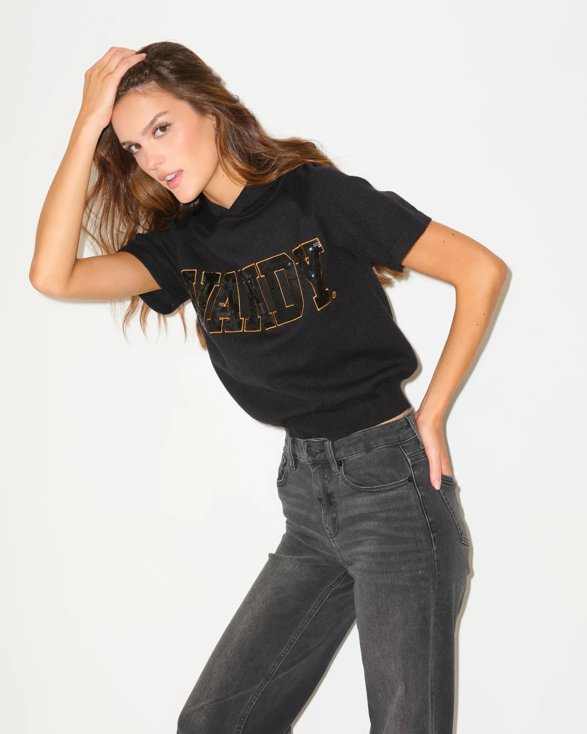 Black Vanderbilt Commodores short sleeve hoodie featuring bold "VANDY" sequin lettering across the chest in gold tones.
