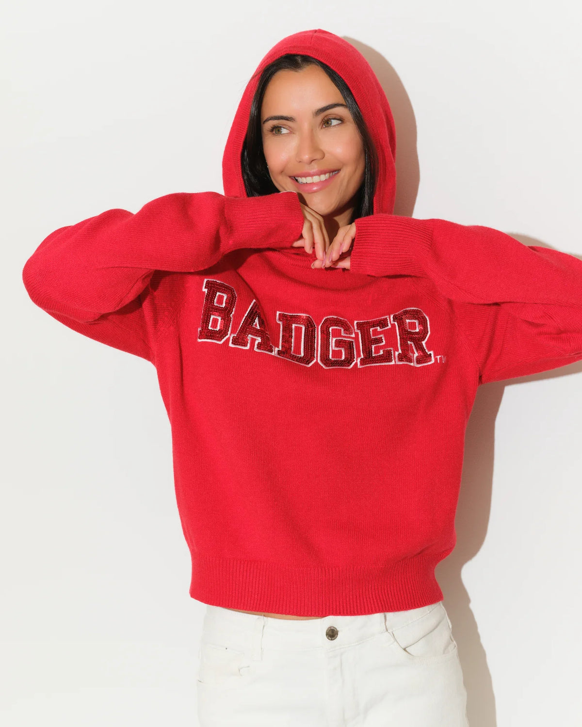Red Wisconsin Badgers pullover hoodie with bold chenille "BADGERS" lettering across the chest, featuring a relaxed fit and front kangaroo pocket.