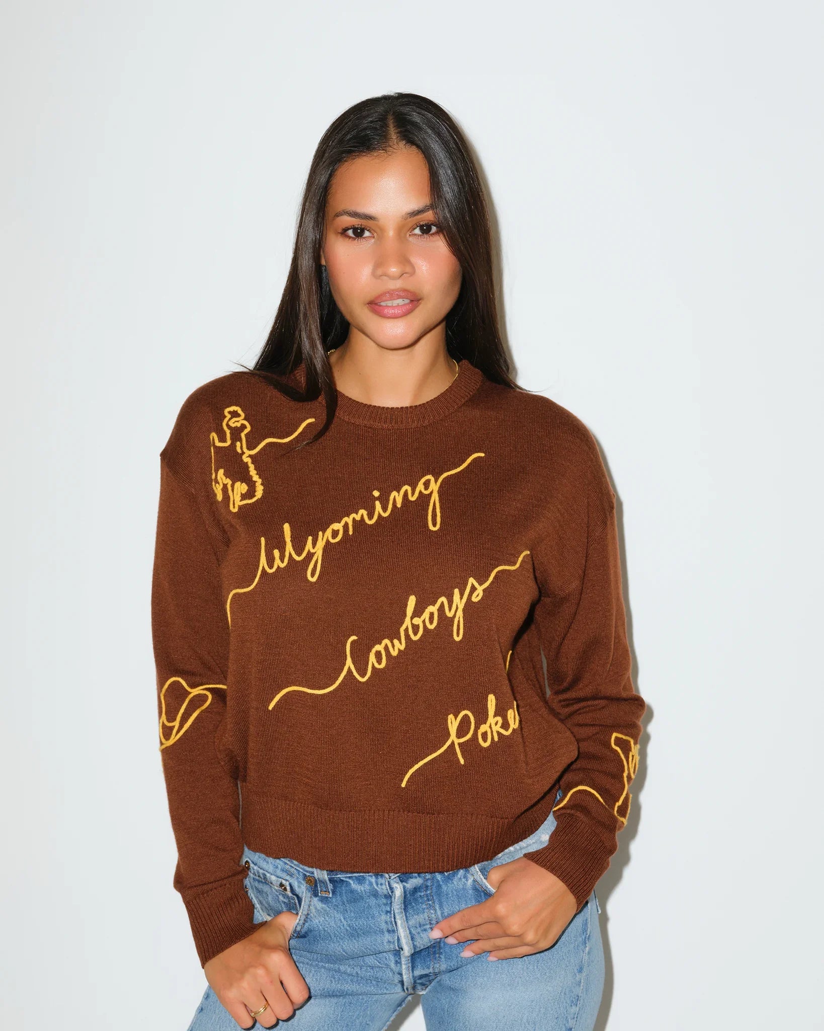 Brown Wyoming Cowboys Love Letter Sweater with gold cursive "Wyoming Cowboys" script embroidery across the front and sleeve.
