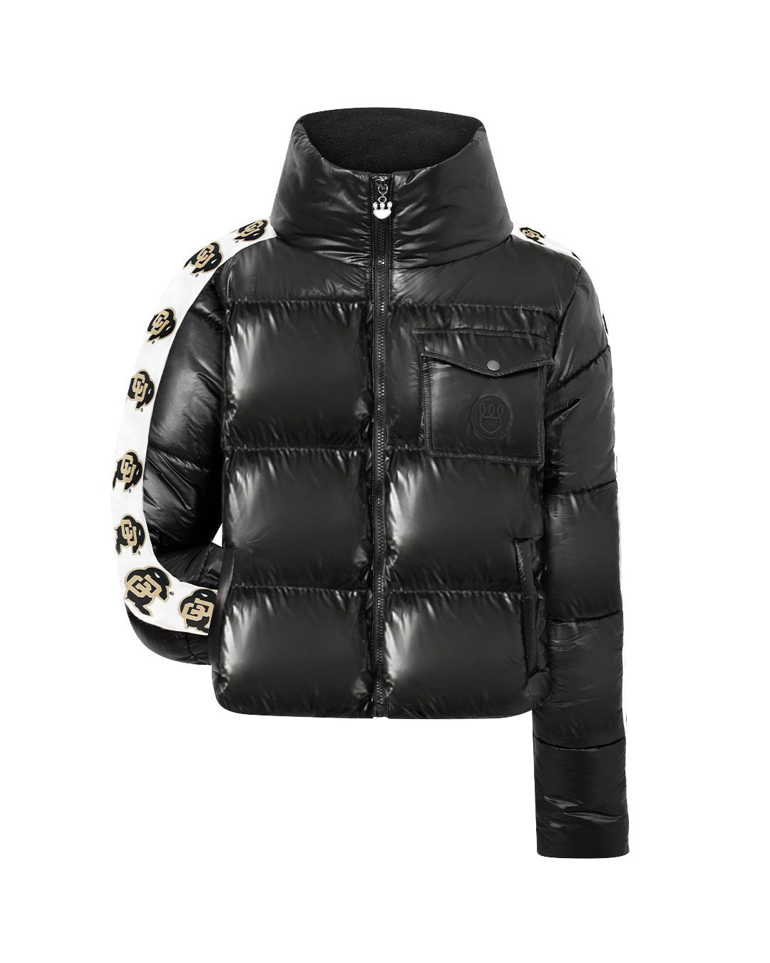 Black cargo puffer jacket with Colorado Buffaloes arm tape logo, warm and perfect for game day or outdoor wear.