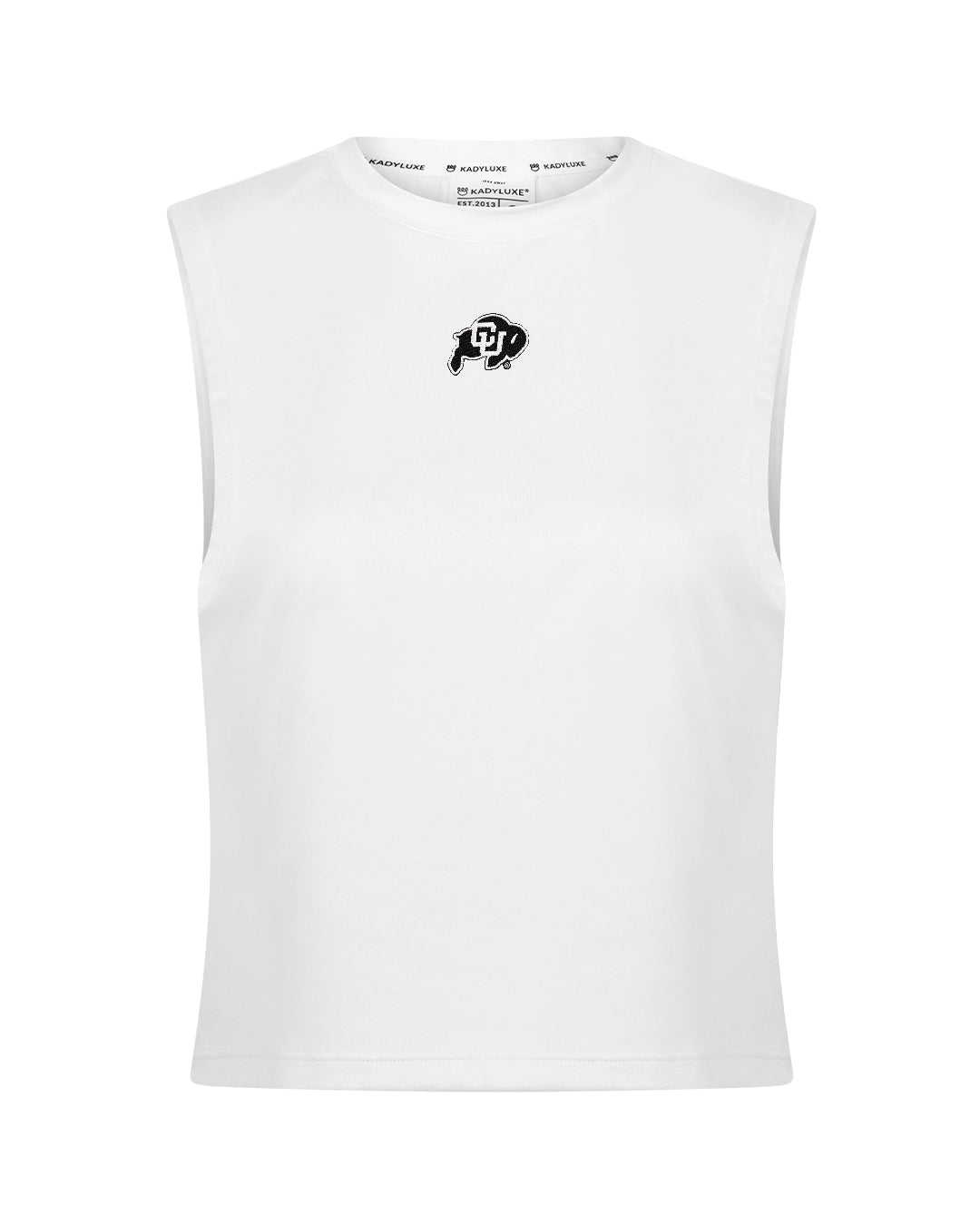 White Empower tank with Colorado Buffaloes patch, perfect for game day or workouts.