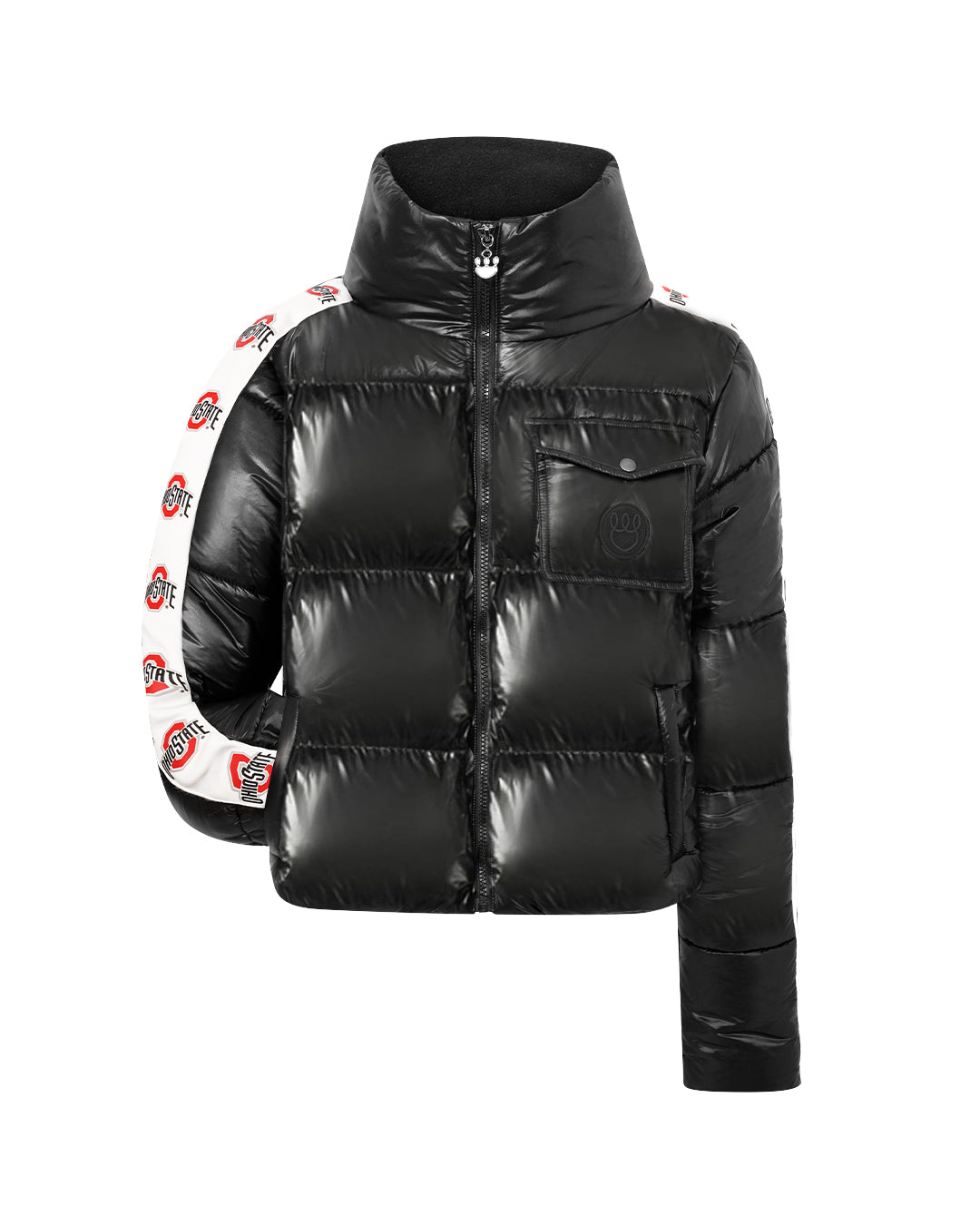 Black cargo puffer jacket with Ohio State Buckeyes logo, warm and perfect for game day or tailgate season