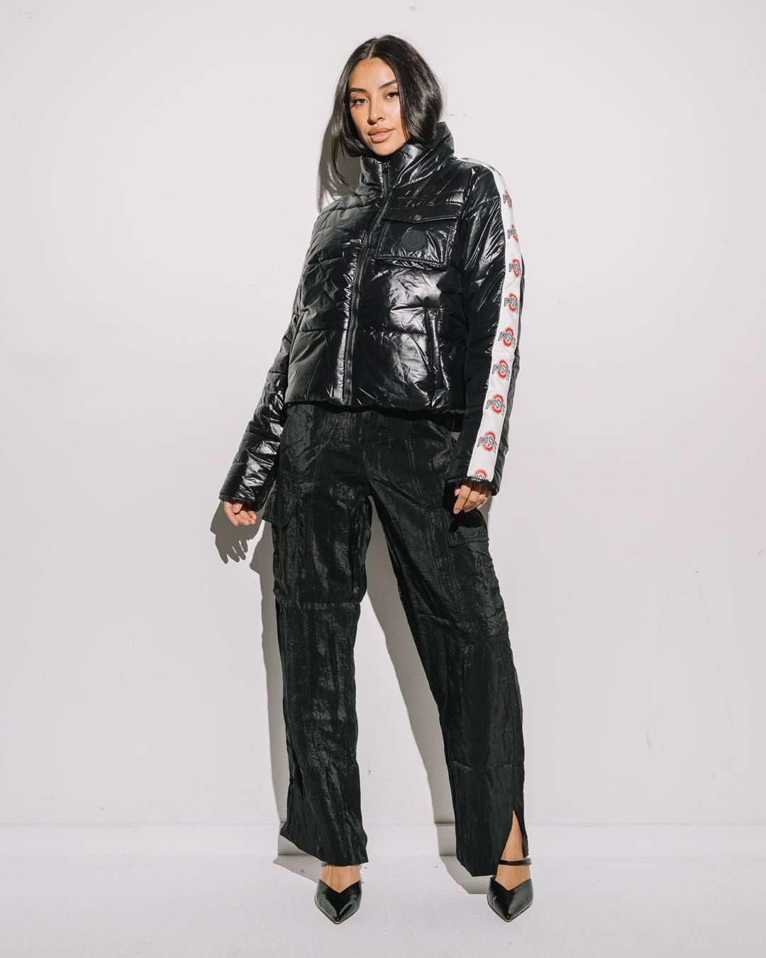 Black cargo puffer jacket with Ohio State Buckeyes logo, warm and perfect for game day or tailgate season