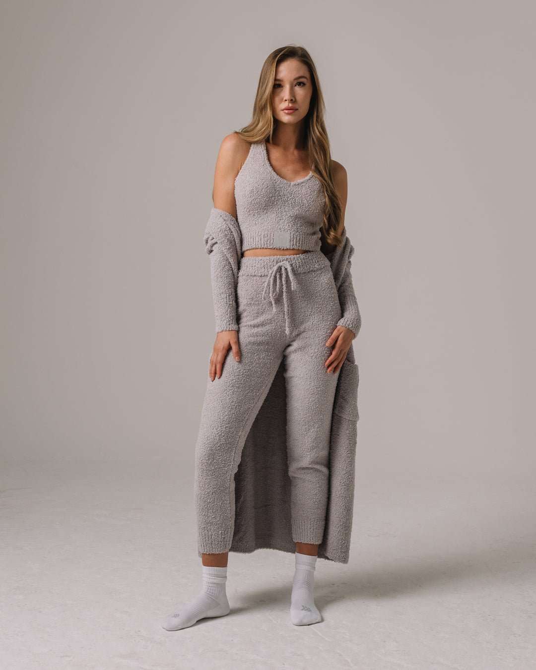 gray fuzzy knit set with oklahoma sooners patch, perfect for lounging on game day.