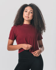 Front view of KADYLUXE® Milky Silk™ Crop Tee in Maroon