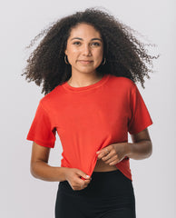 Front view of KADYLUXE® Milky Silk™ Crop Tee in Bold Red