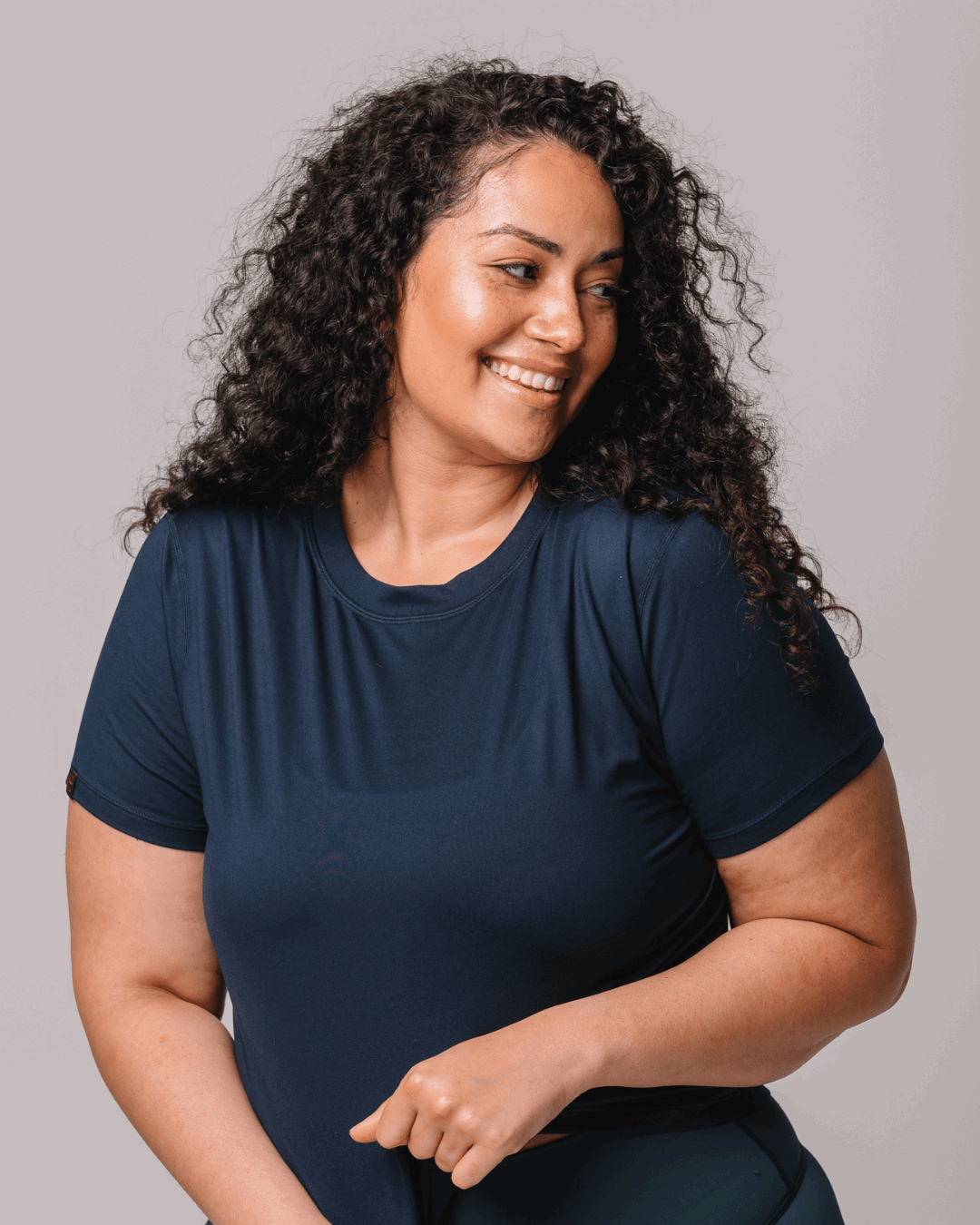 Front view of KADYLUXE® Milky Silk™ Crop Tee in Navy