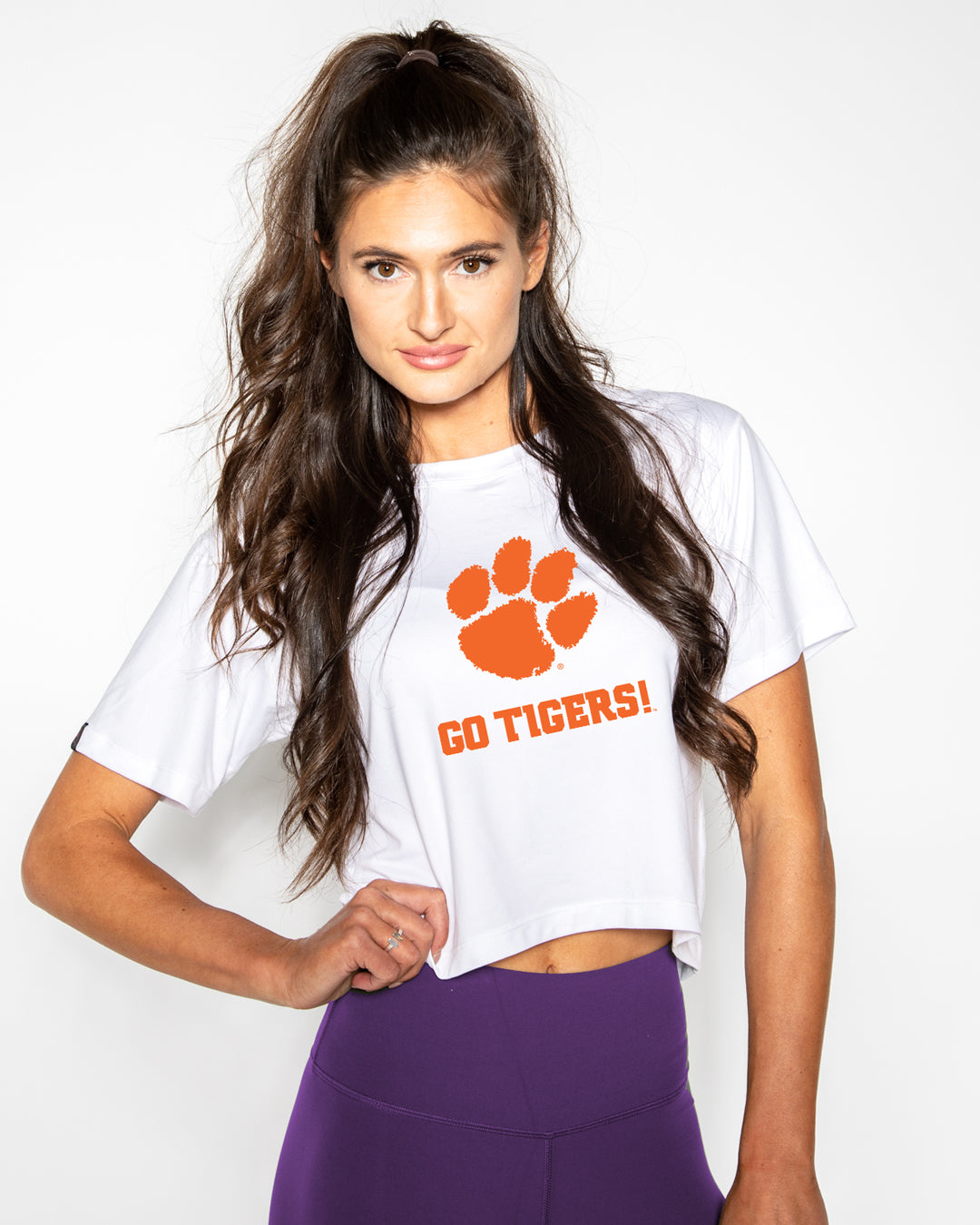 KADYLUXE® Clemson Tigers Milky Silk™ womens crop tee in color white. GO TIGERS!