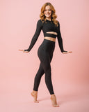 KADYLUXE® womens long sleeve top in black rib front full outfit view