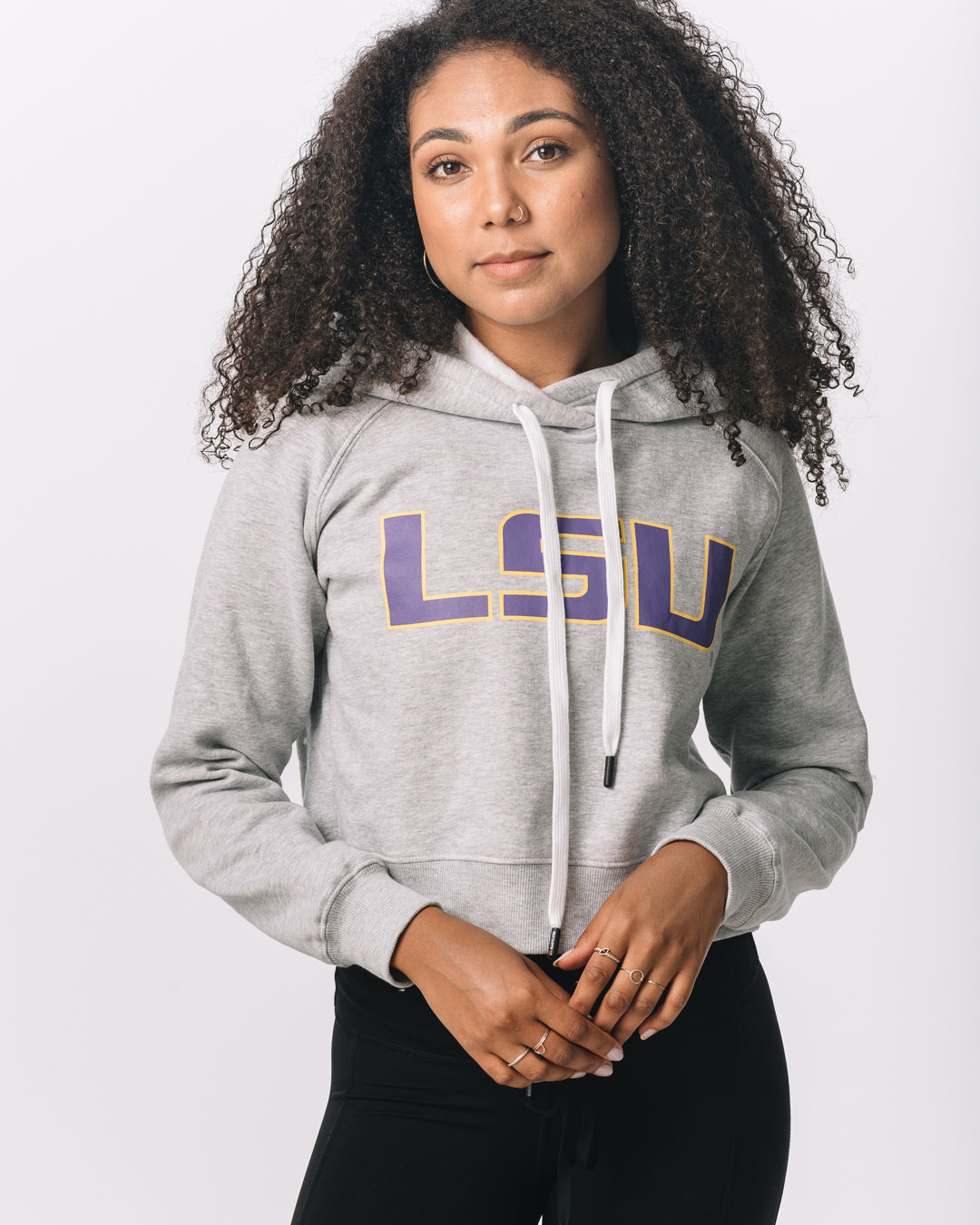 Front view of KADYLUXE® LSU Tigers® Cozy Crop Hoodie in Heather Grey