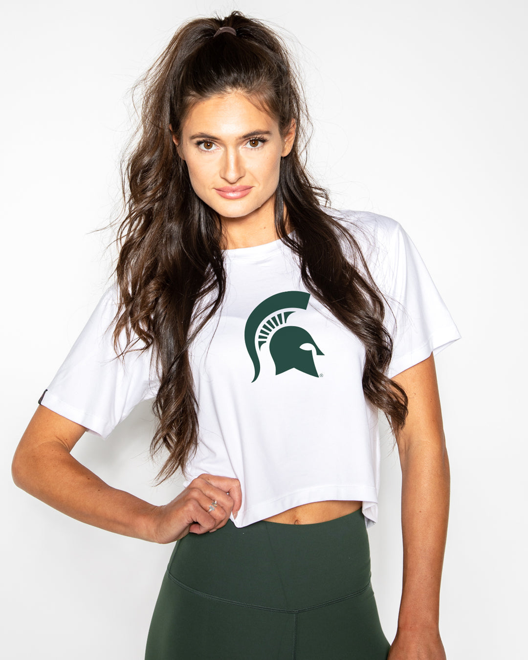 Michigan State Spartans KADYLUXE® white Milky Silk™ crop tee with primary Spartan logo.