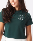 KADYLUXE® Michigan State Spartans milky silk crop tee in evergreen close up view.