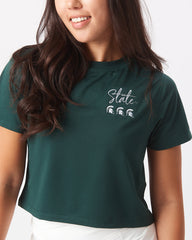 KADYLUXE® Michigan State Spartans milky silk crop tee in evergreen close up view.