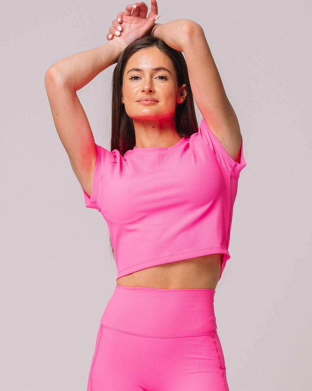 KADYLUXE® womens rib crop tee hot pink front view