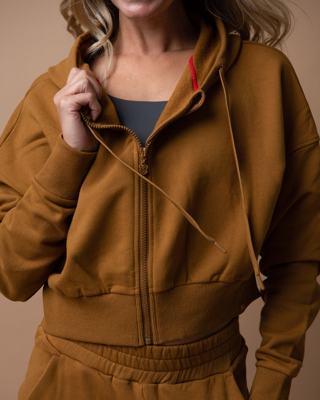 KADYLUXE® womens fleece zip hoodie in camel color front view