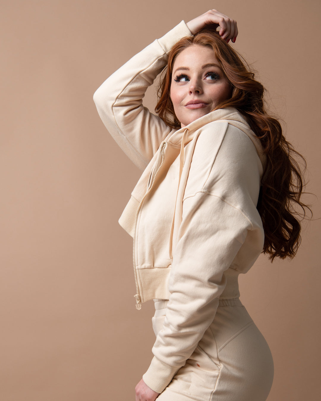 KADYLUXE® womens fleece zip hoodie in ivory color side view