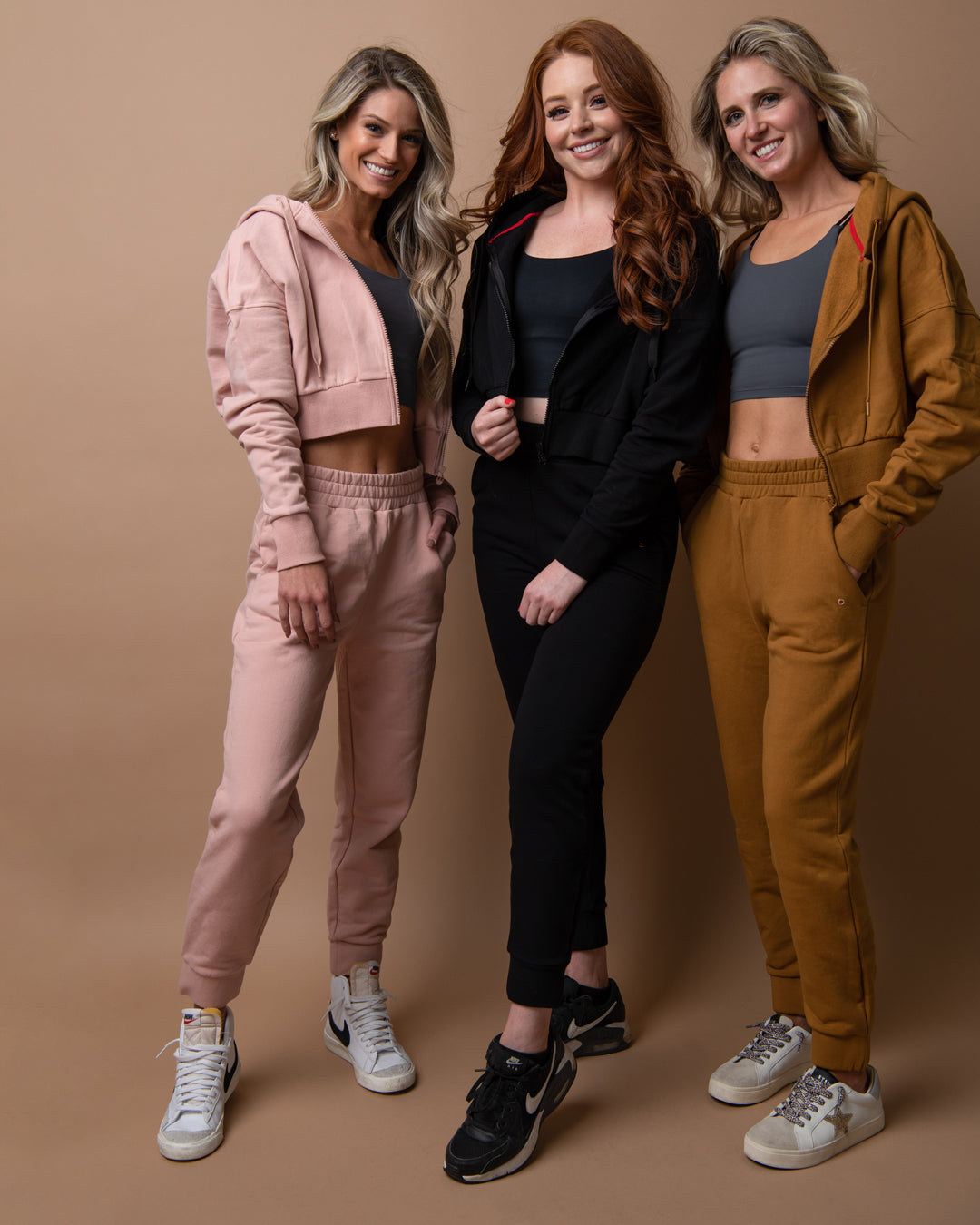 KADYLUXE® womens fleece sweatpant in dusty rose, black and camel colorways.