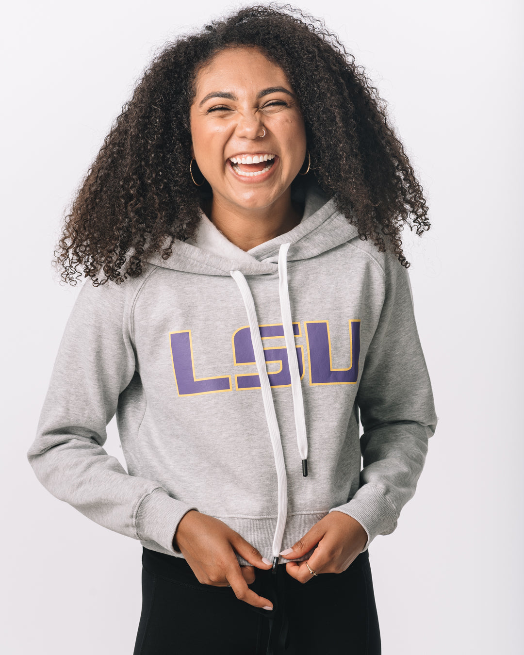 Front view of KADYLUXE® LSU Tigers® Cozy Crop Hoodie in Heather Grey