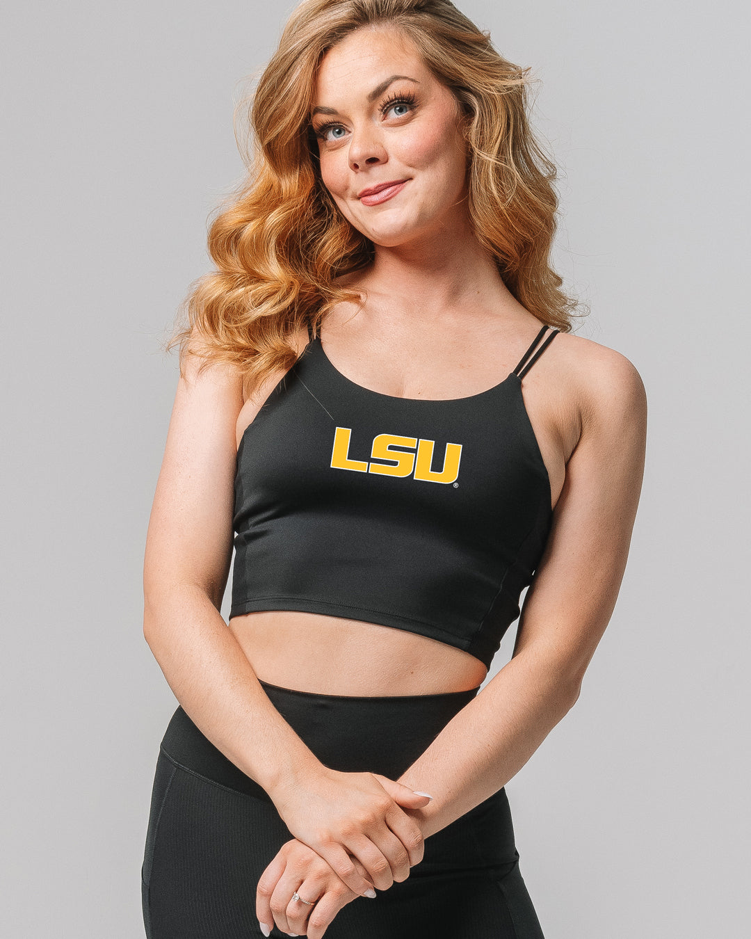 Front view of KADYLUXE® LSU Tigers® Cami Bra in Black