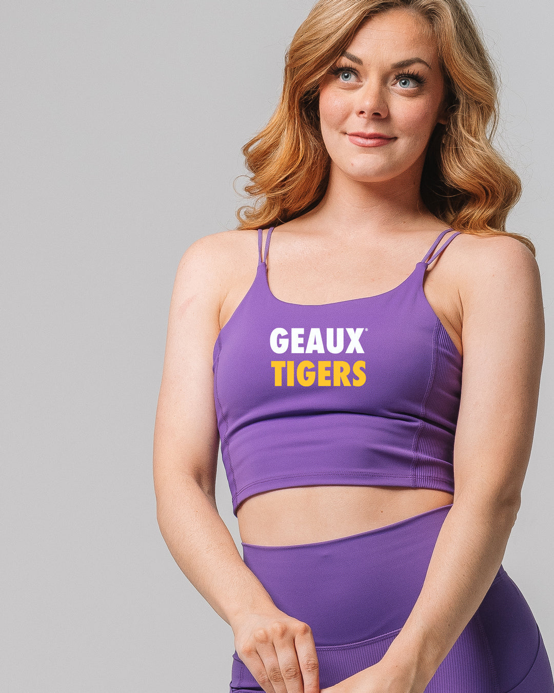 Front view of KADYLUXE® LSU Tigers® Cami Bra in Purple